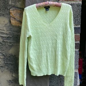 Cotton & cashmere, cable, v-neck sweater, L, light chartreuse